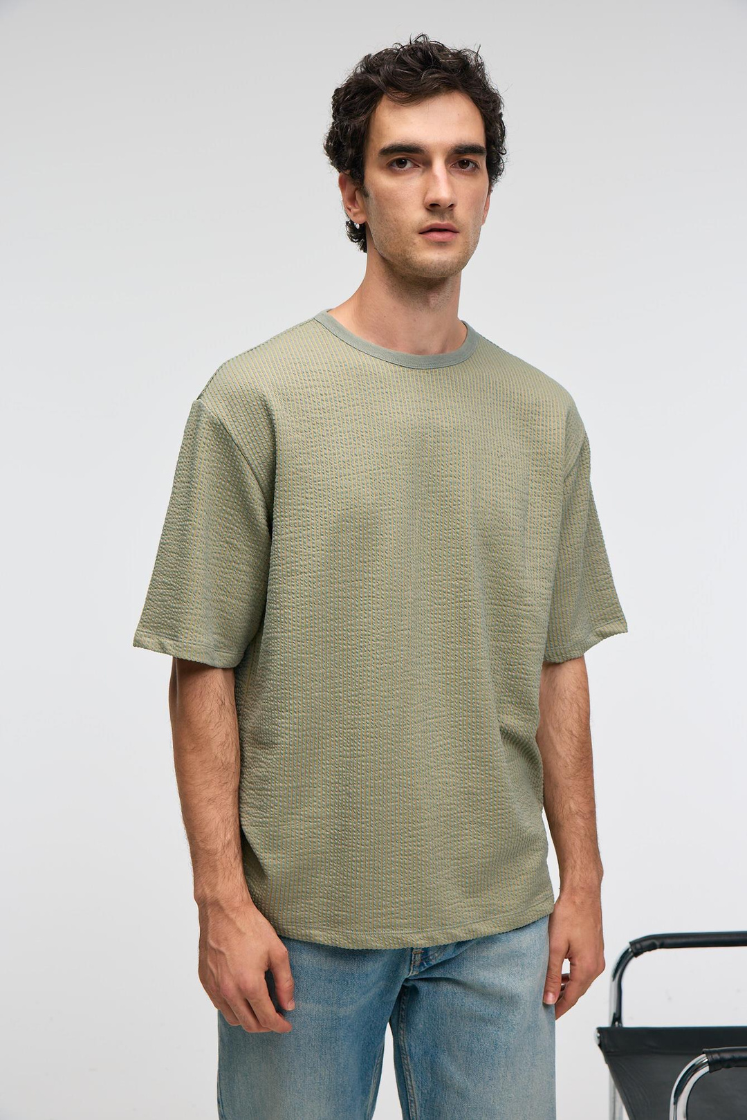 VINTAGE Erkek Kısa Kollu Yuvarlak Yaka Dokulu Gofre Kumaş Regular Fit Haki T-Shirt