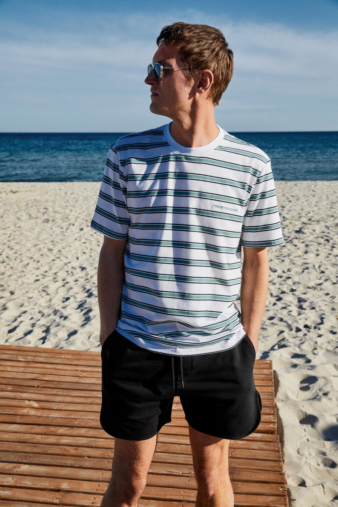 WOODY Erkek %100 Pamuk Nakış Detaylı Bisiklet Yaka Çizgili Regular Fit Beyaz-Yeşil Çizgili T-Shirt