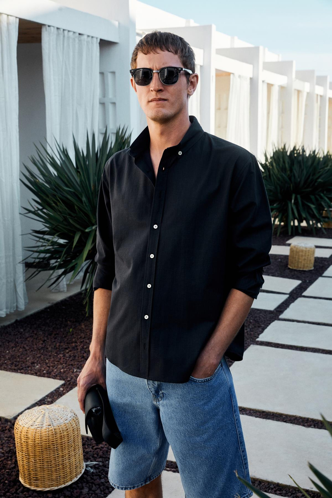 YORDI Erkek Gömlek Yaka Manşetli Flamlı Oxford Kumaş Regular Fit Siyah Gömlek