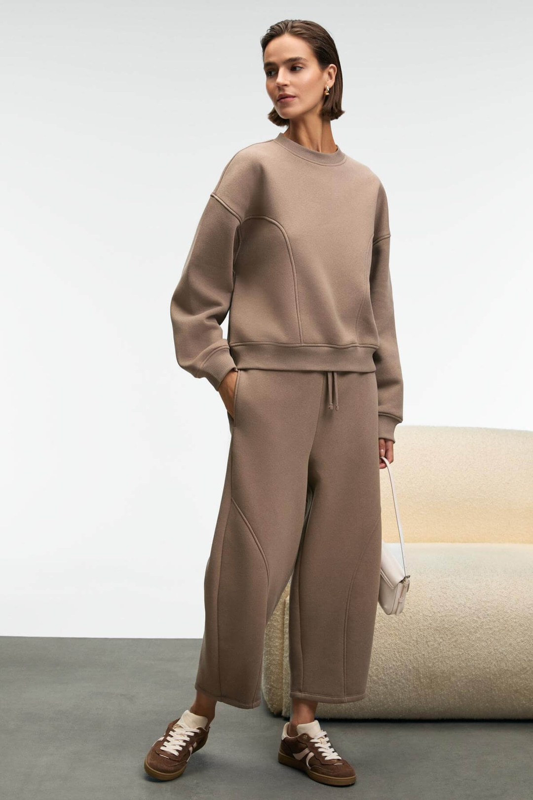 YUVESSA Kadın Oversize Kordonlu Çift Cepli Balon Vizon Eşofman Altı