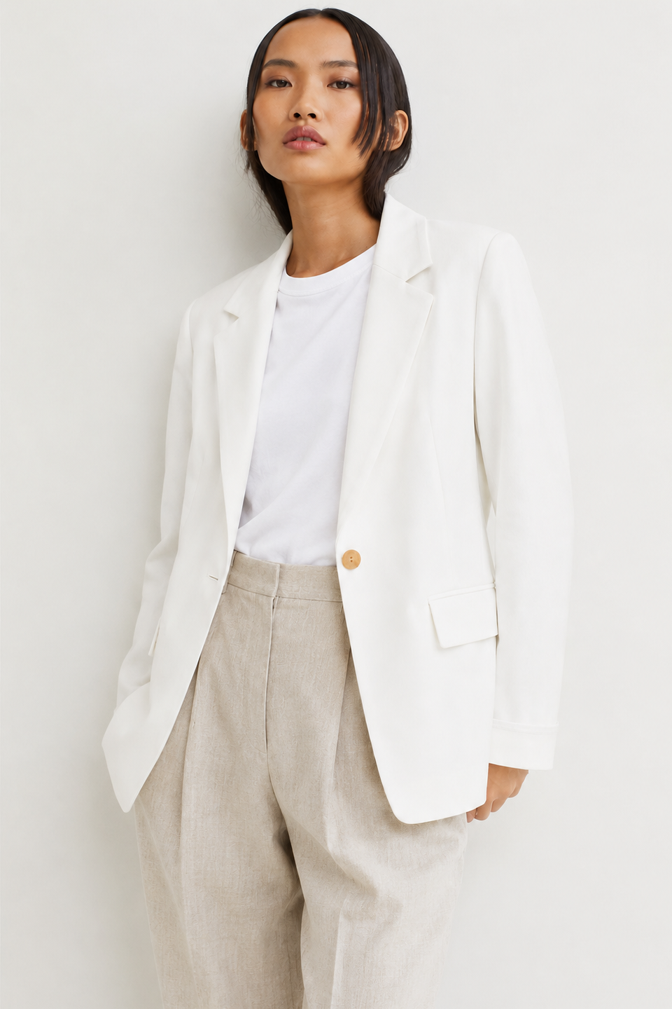 Kadın Kolları Çizgili Düğmeli Blazer Ceket - Beyaz