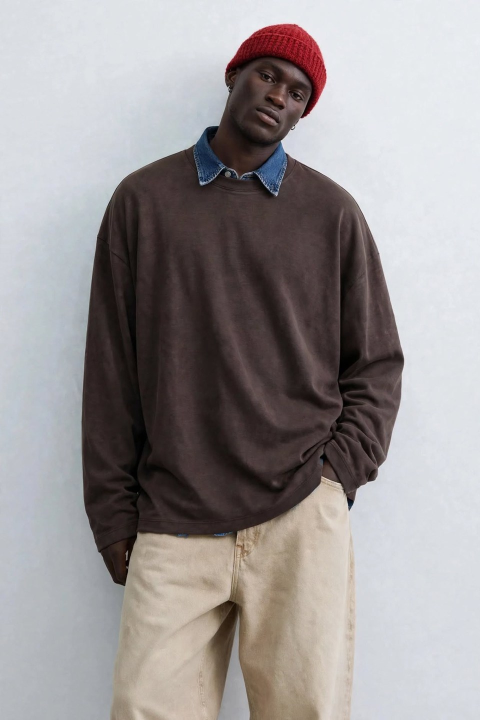 Erkek Bol Kalıp Bisiklet Yaka Sweatshirt - Kahve