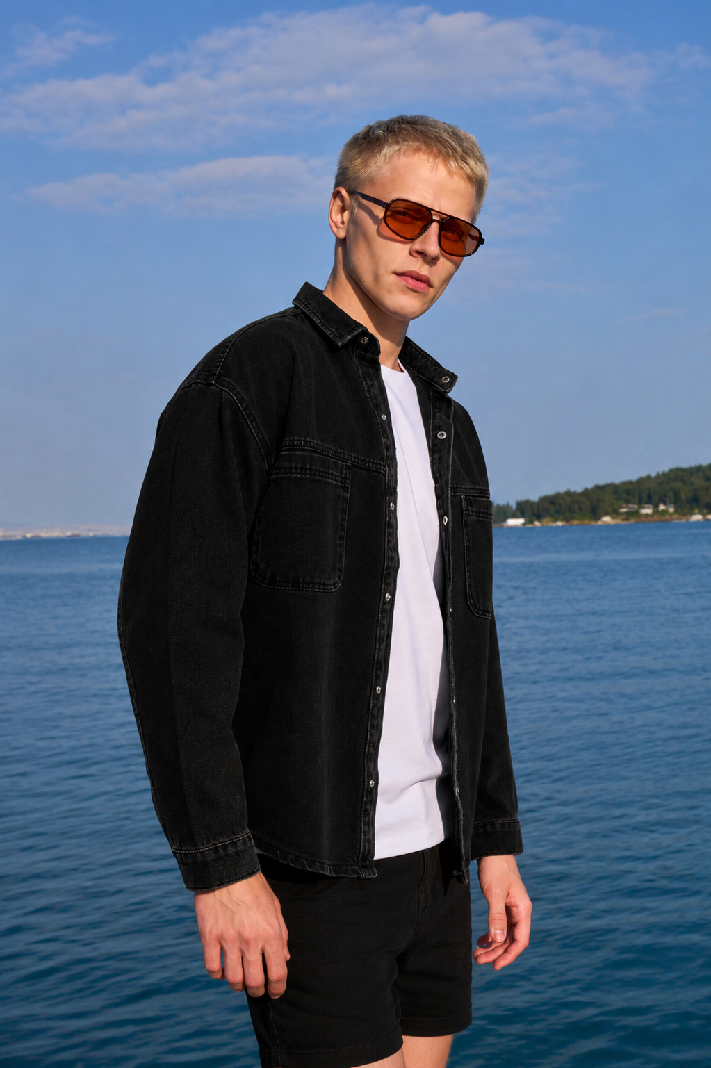 Erkek Çift Cep Çıtçıtlı Denim Ceket - Siyah