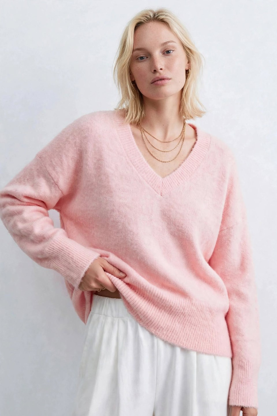 Kadın V Yaka Oversize Triko Kazak - Pembe