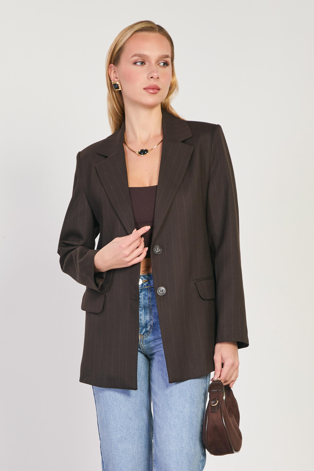 Kadın Çizgili Blazer Ceket - Kahve