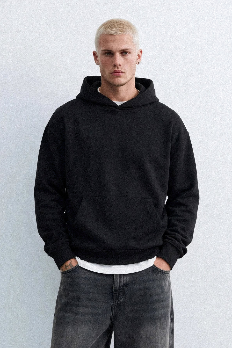 Erkek Kapüşonlu Kanguru Cepli Sweatshirt - Siyah