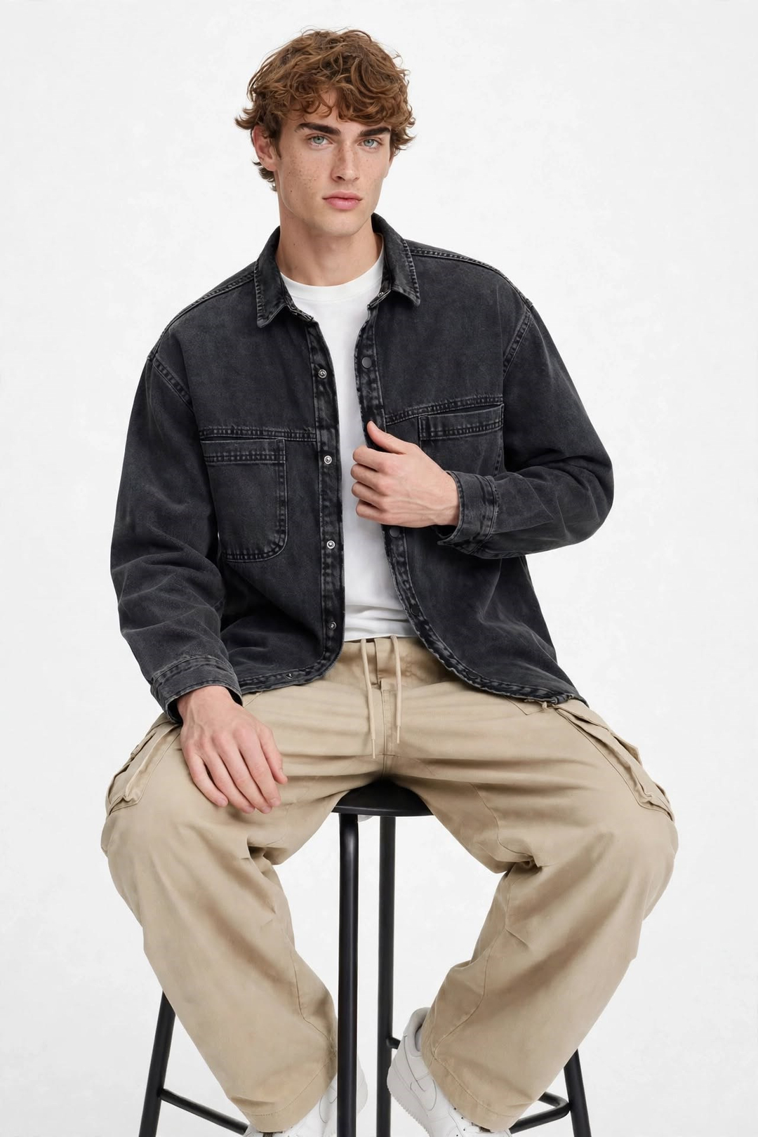 Erkek Çift Cep Çıtçıtlı Denim Ceket - Siyah Kar Y.