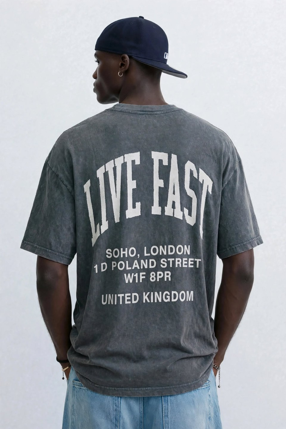 Erkek Ön arka Live Fast Baskılı Yıkamalı T-Shirt - Gri