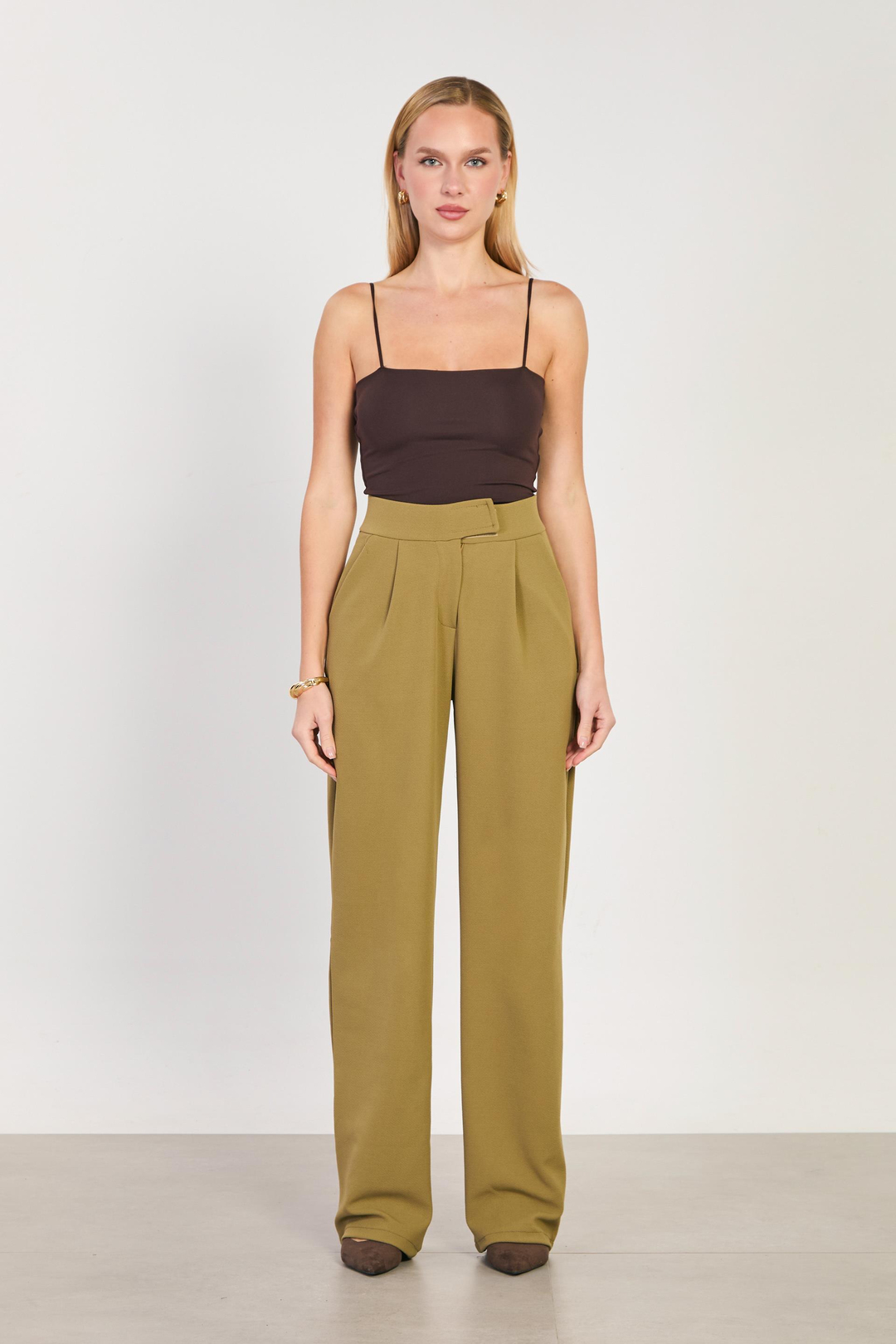 Kadın Beli Cırtlı Bol Pantolon - Olive