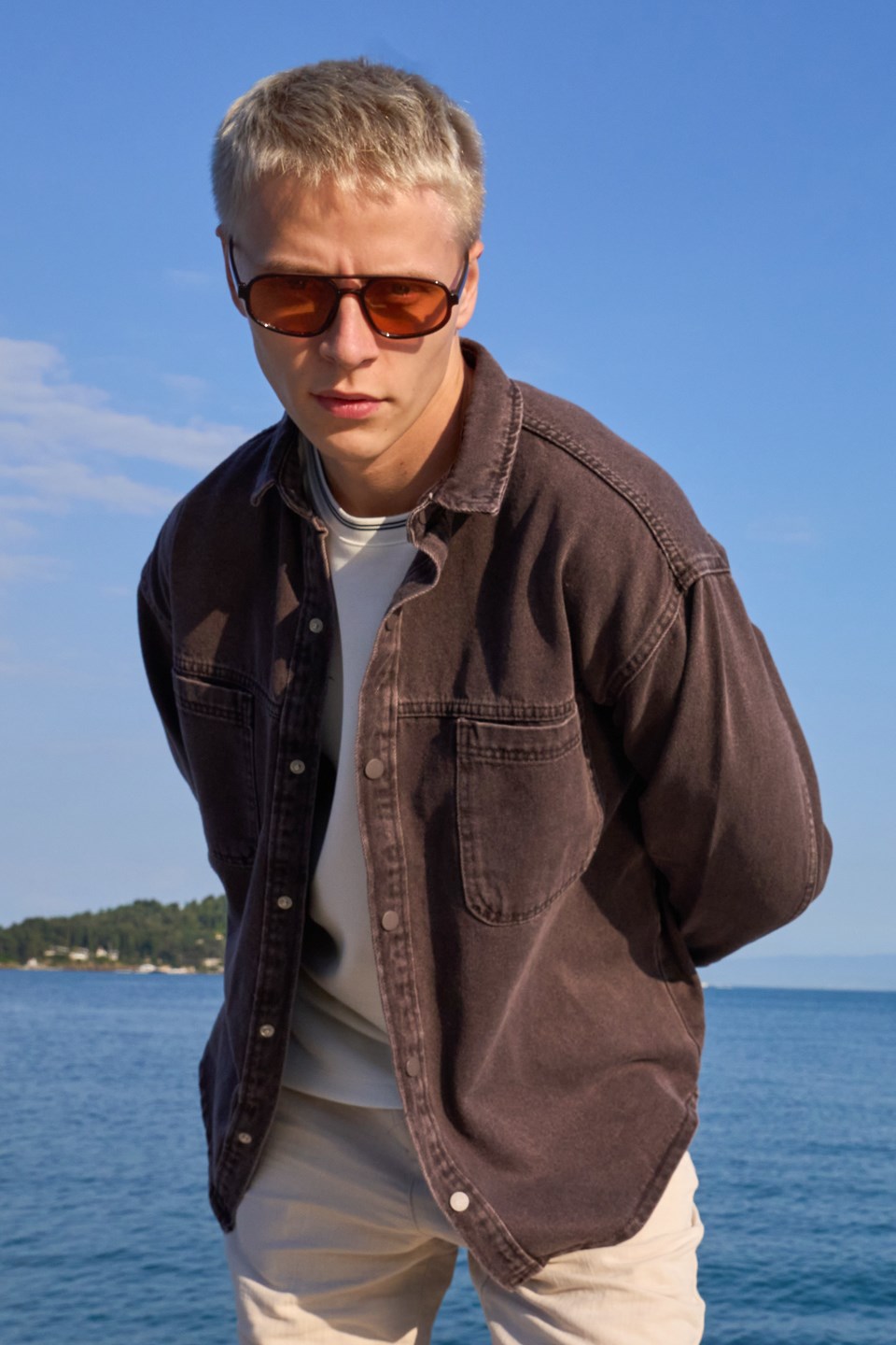 Erkek Çift Cep Çıtçıtlı Denim Ceket - Kahve Tint
