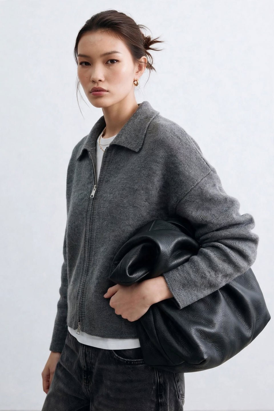 Kadın Polo Yaka Çift Fernuarlı Oversize Hırka - Antrasit
