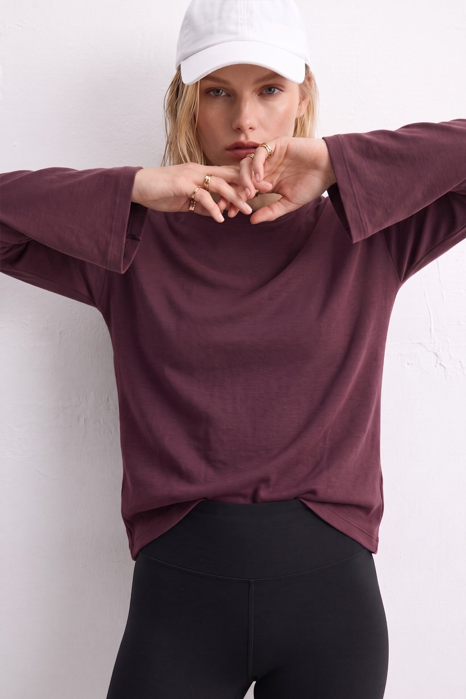 Kadın Bisiklet Yaka Uzun Kol T-Shirt - Mürdüm