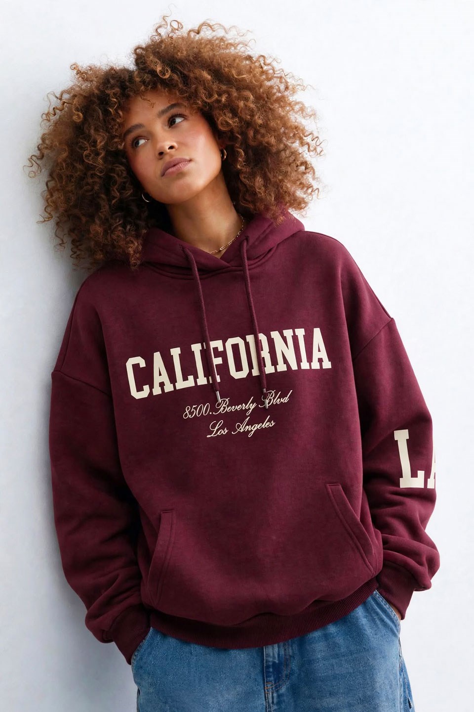 Kapüşonlu California Baskılı Sweatshirt - Mürdüm