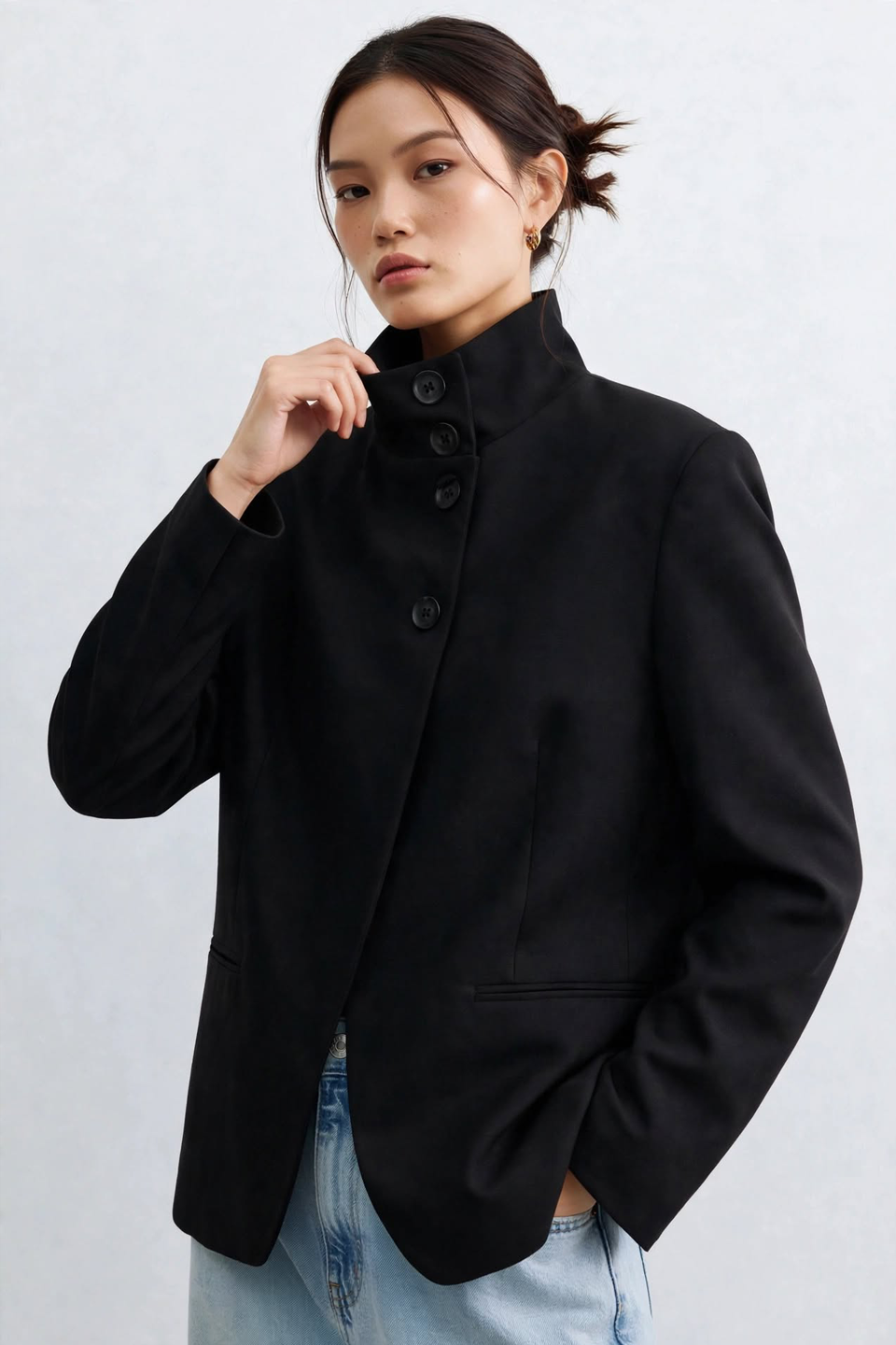Kadın Dik Yaka Düğmeli Blazer Ceket - Siyah