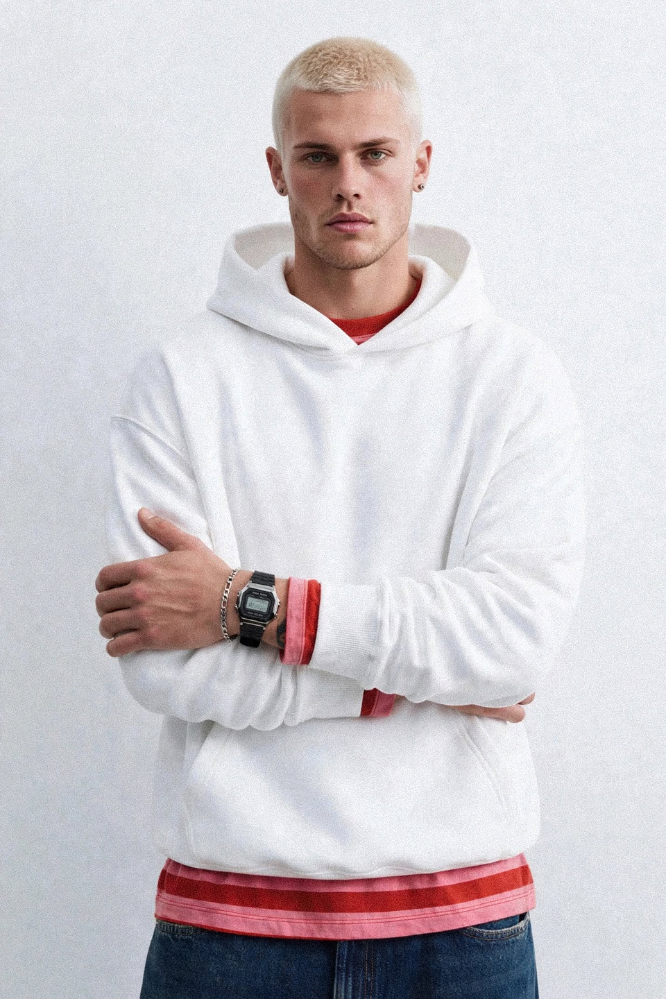 Erkek Kapüşonlu Kanguru Cepli Sweatshirt - Ekru