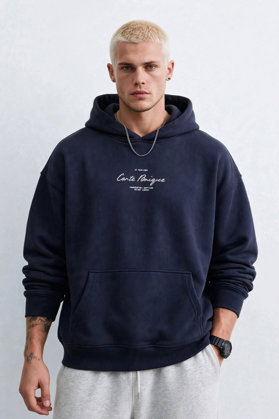 Erkek Kapüşonlu İpli Kabartma Baskılı Sweatshirt - Lacivert