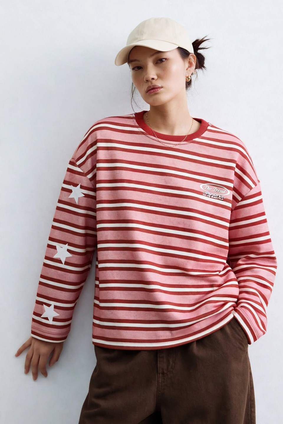 Kadın Lab arka Baskılı Çizgili Sweatshirt - Pembe/Kırmızı
