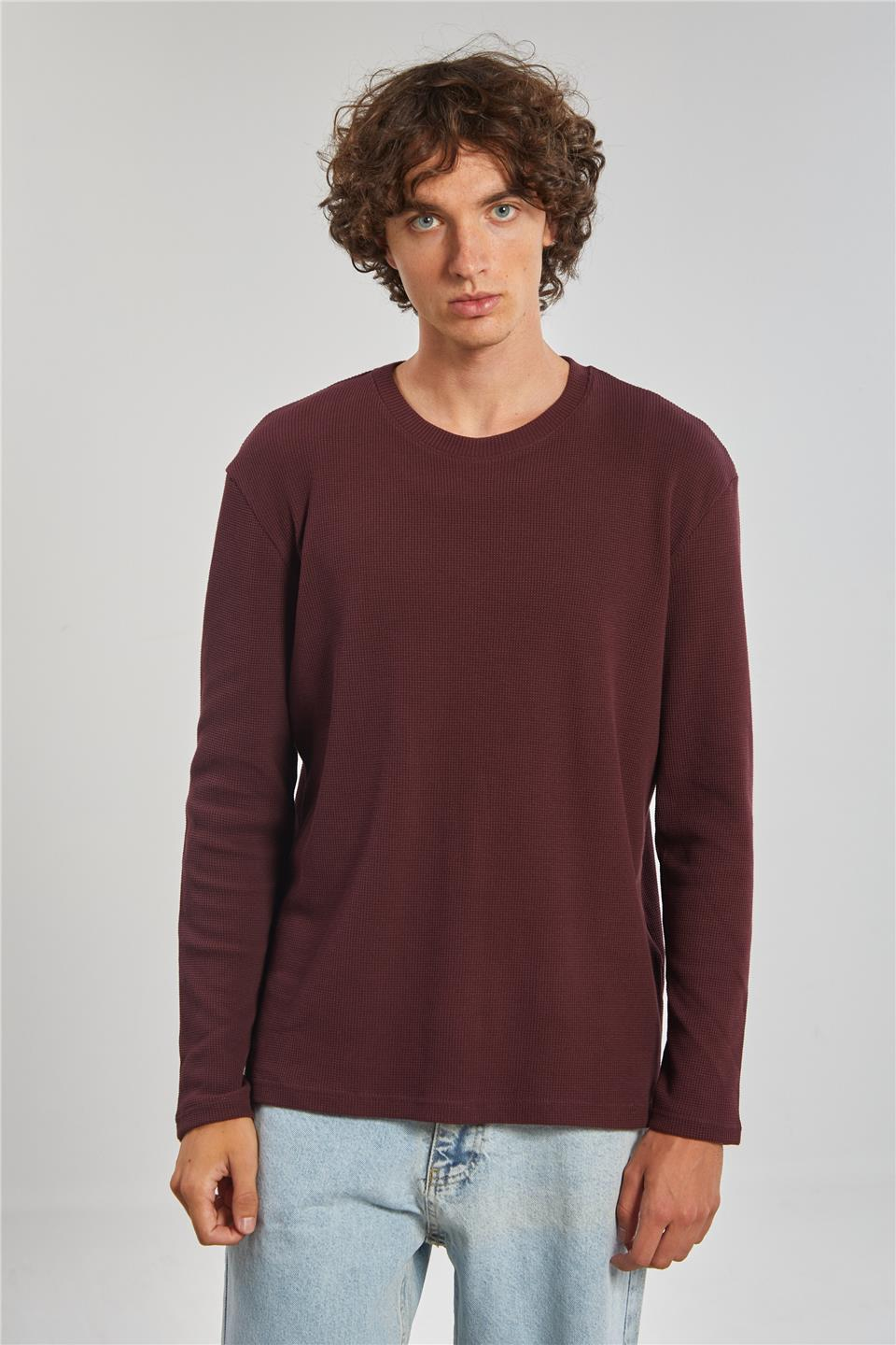 Bisiklet yaka waffal sweat-5073-2 Vişne