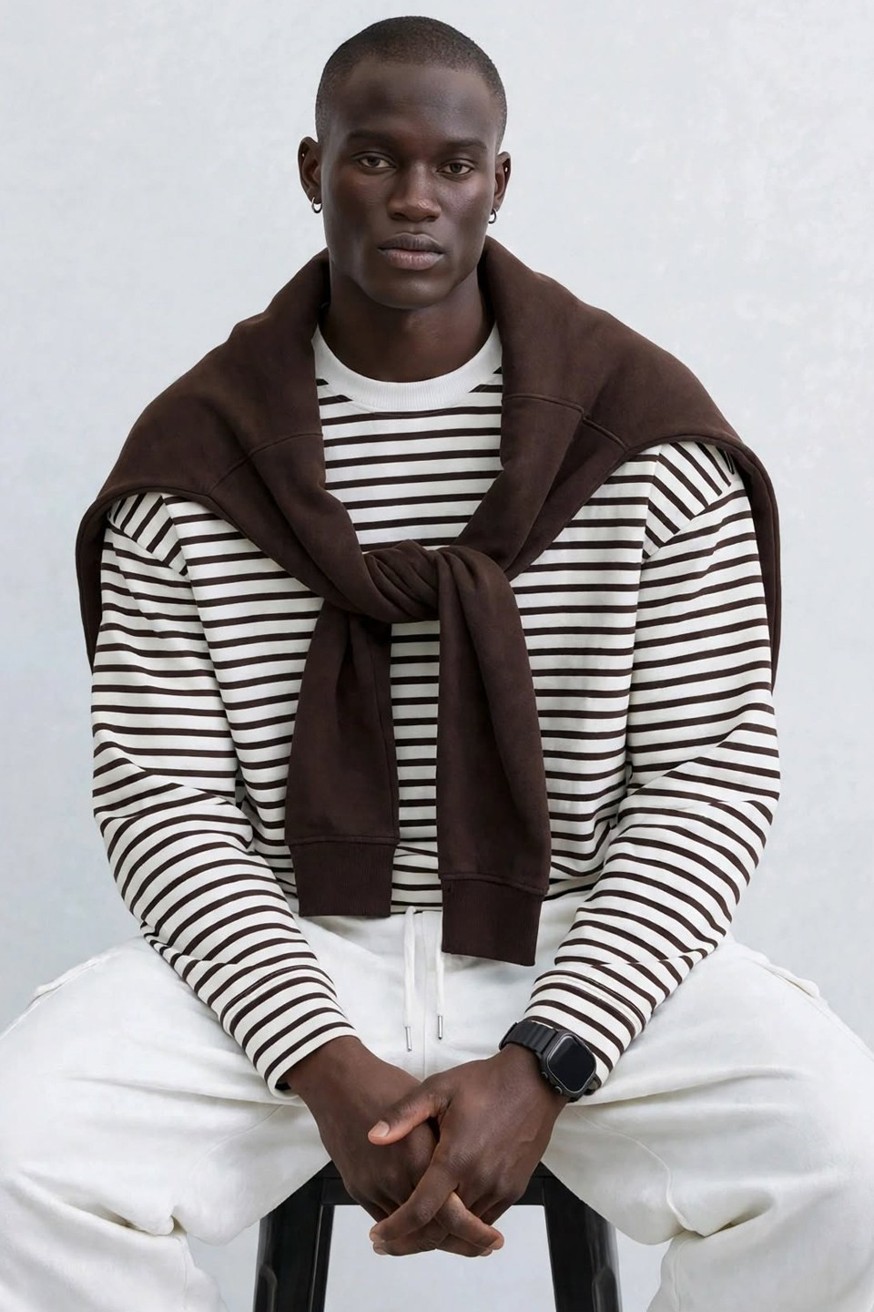 Erkek Çizgili Oversize Sweatshirt - Kahve