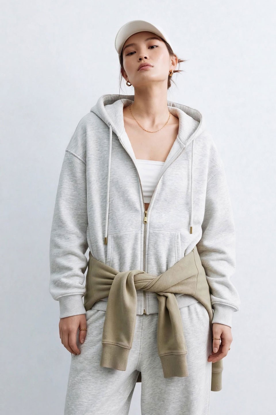 Kadın Kanguru Cepli Fermuarlı Sweatshirt - Kar Melanj