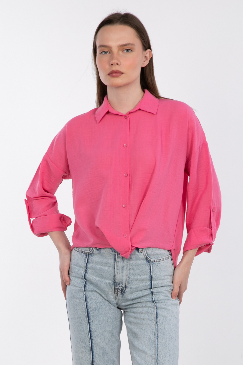 Etek ucu düğümlü gömlek-24-269 Pembe