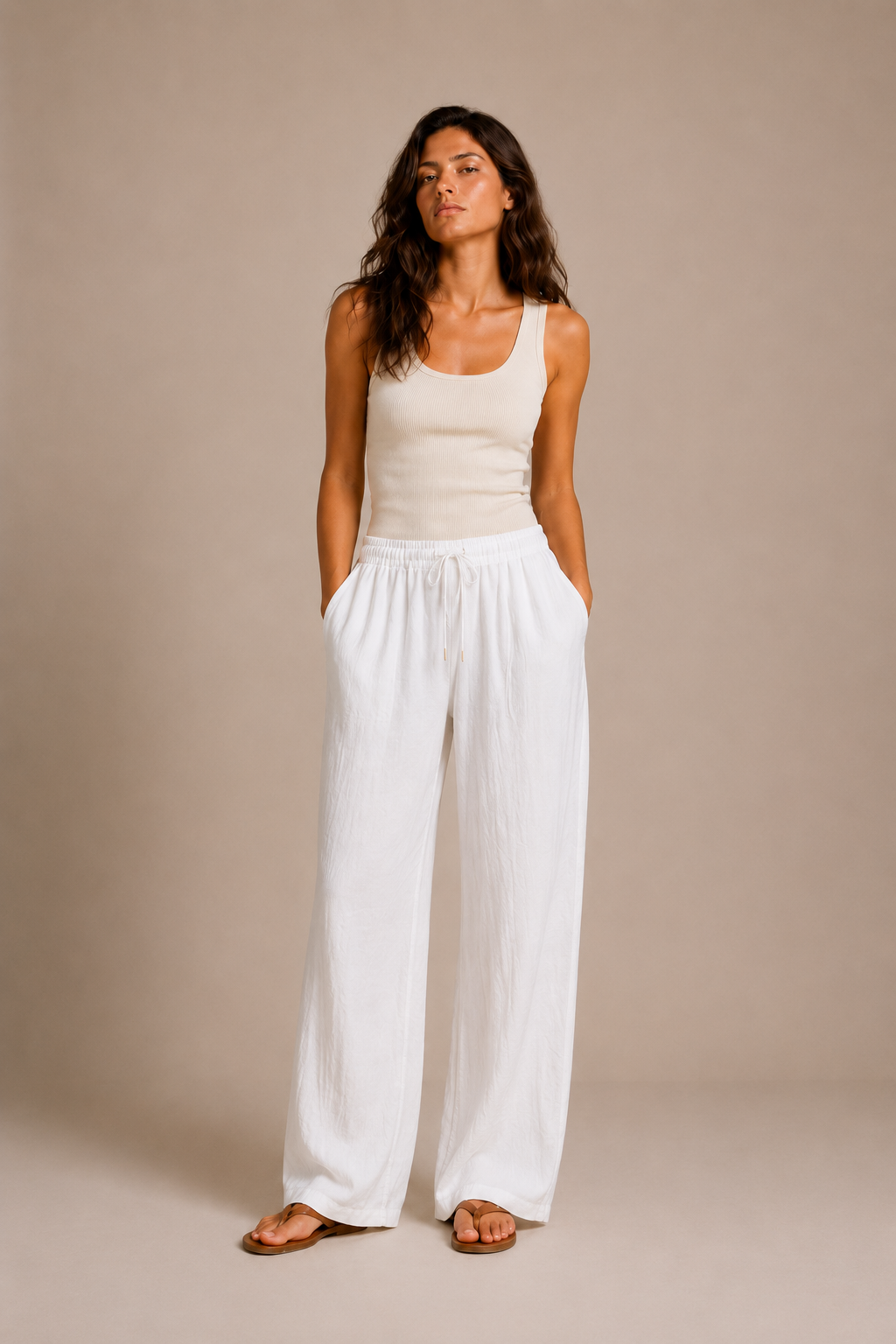 Kadın Beli Bağlamalı Bol Paça Pantolon - Beyaz