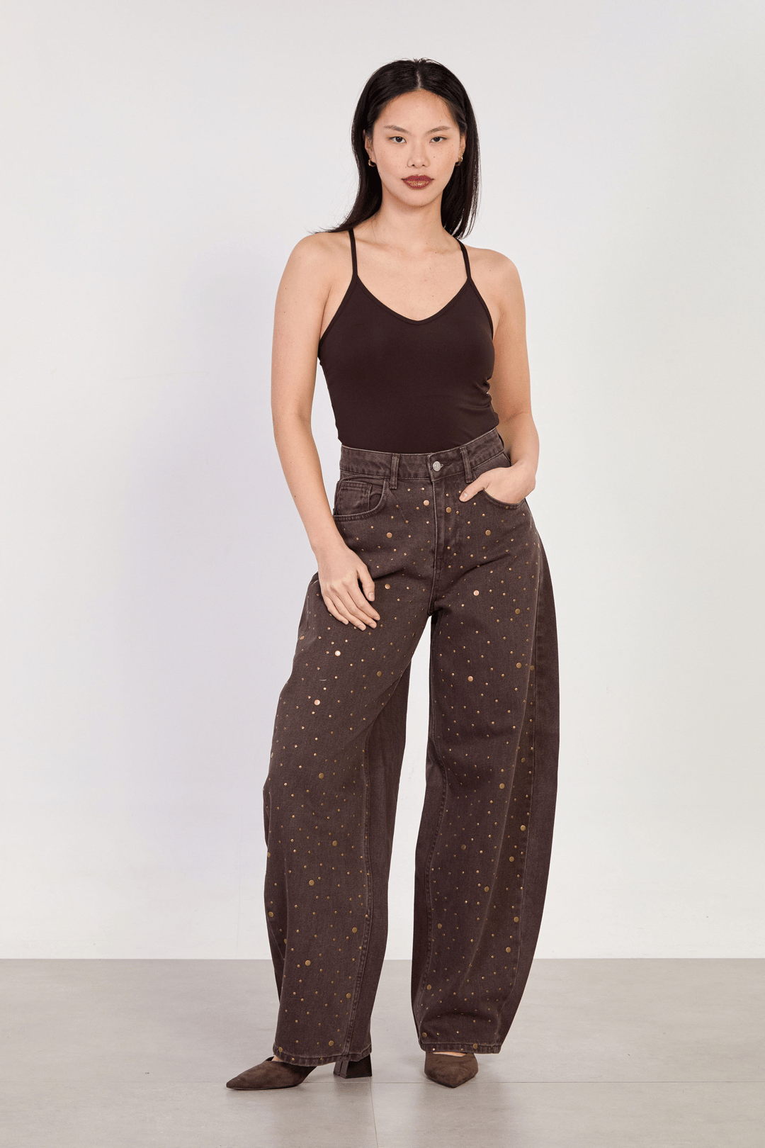 Kadın Zımbalı Balon Jean Pantolon - Kahve