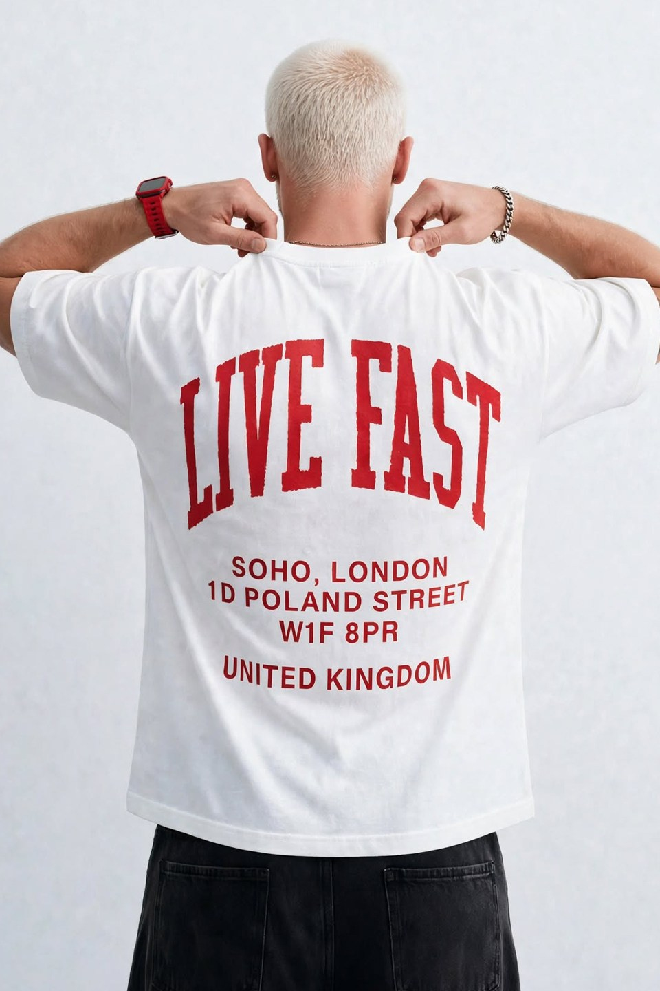 Erkek Ön Arka Live Fast Baskılı T-Shirt - Beyaz