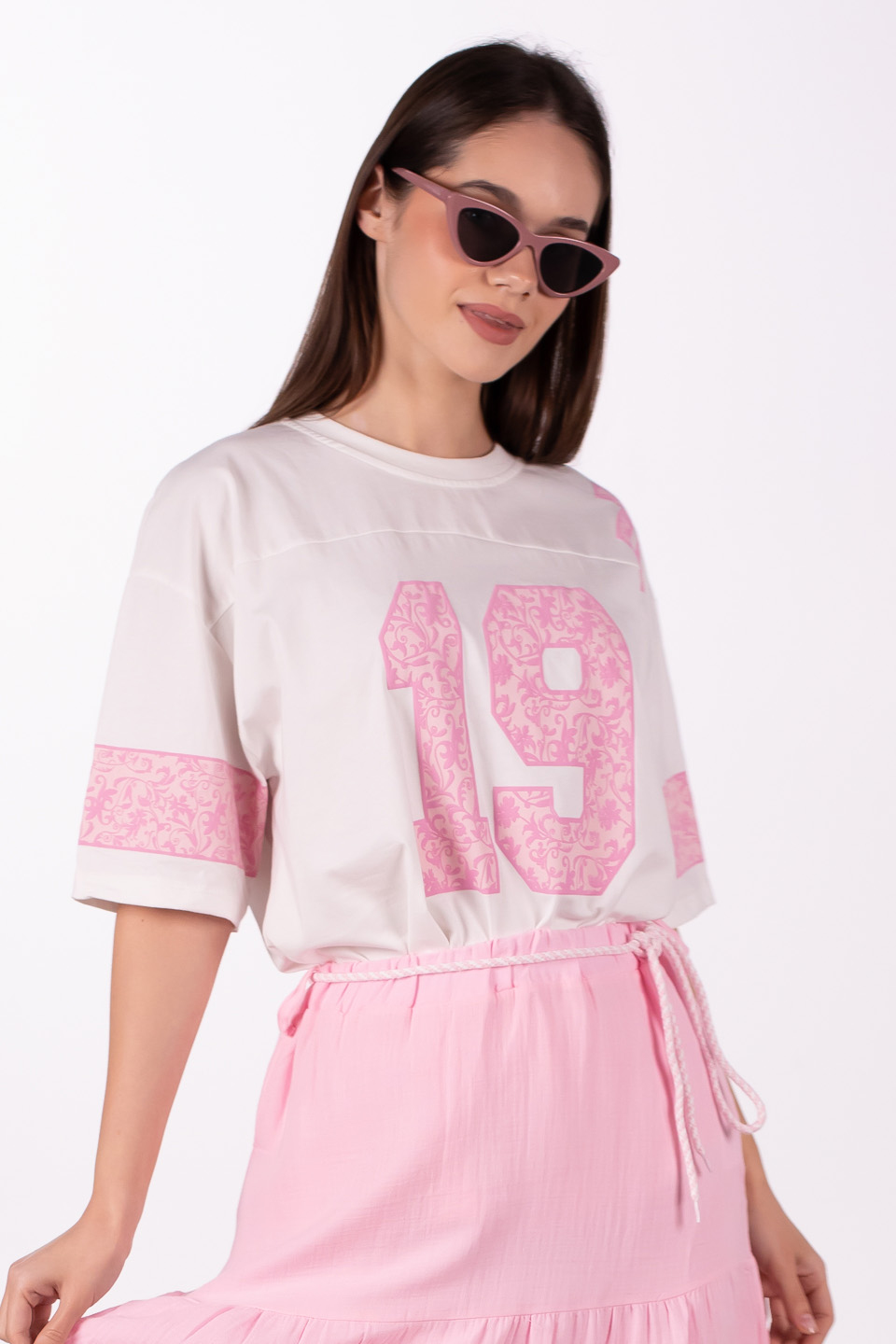 19 Baskılı oversize t-shirt-5339 Pembe/Beyaz
