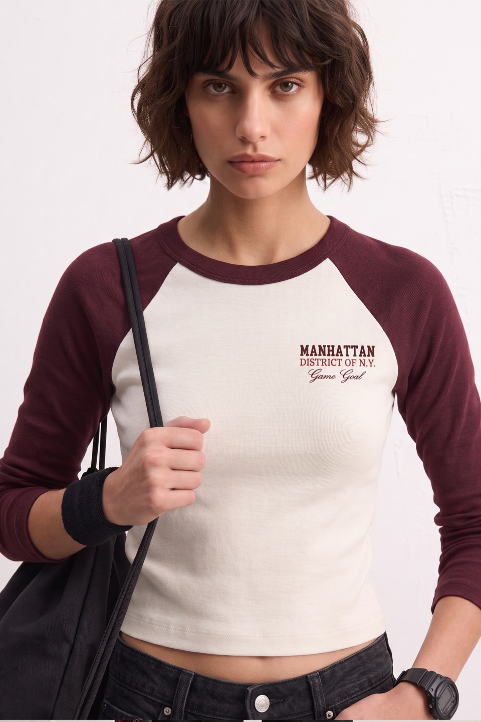Kadın Manhattan Baskılı Reglan Kol Body - Ekru/Mürdüm
