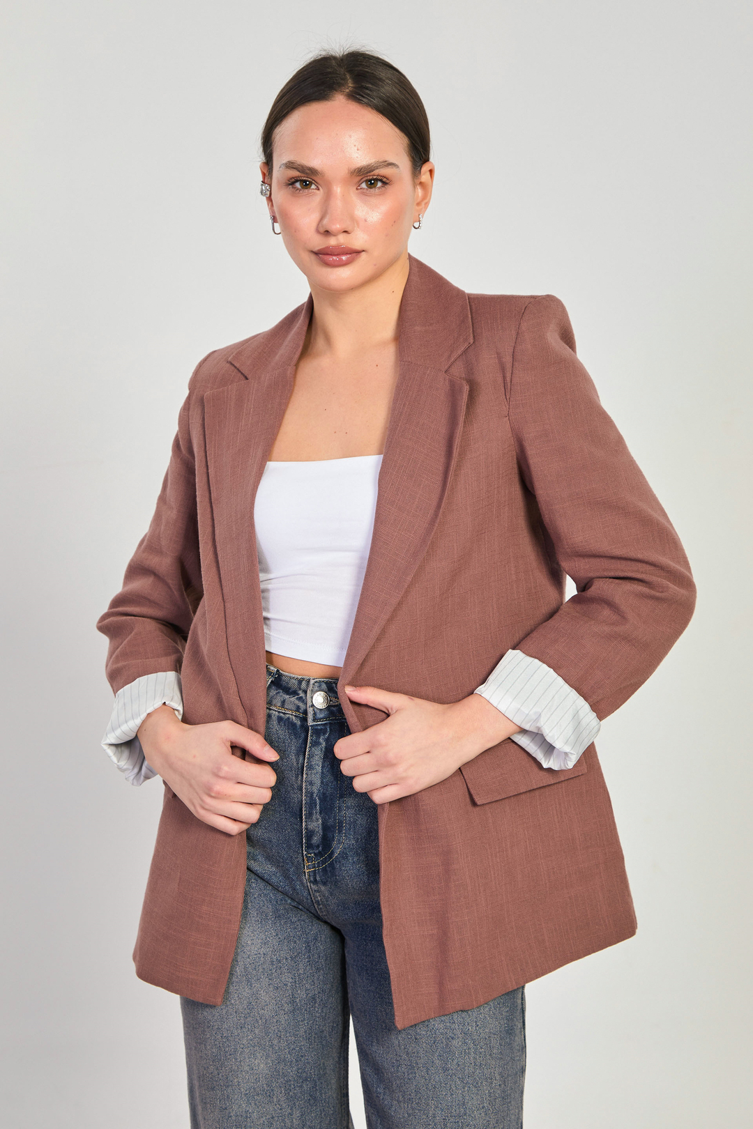 Kadın Kolları Çizgili Keten Blazer Ceket - Kahve