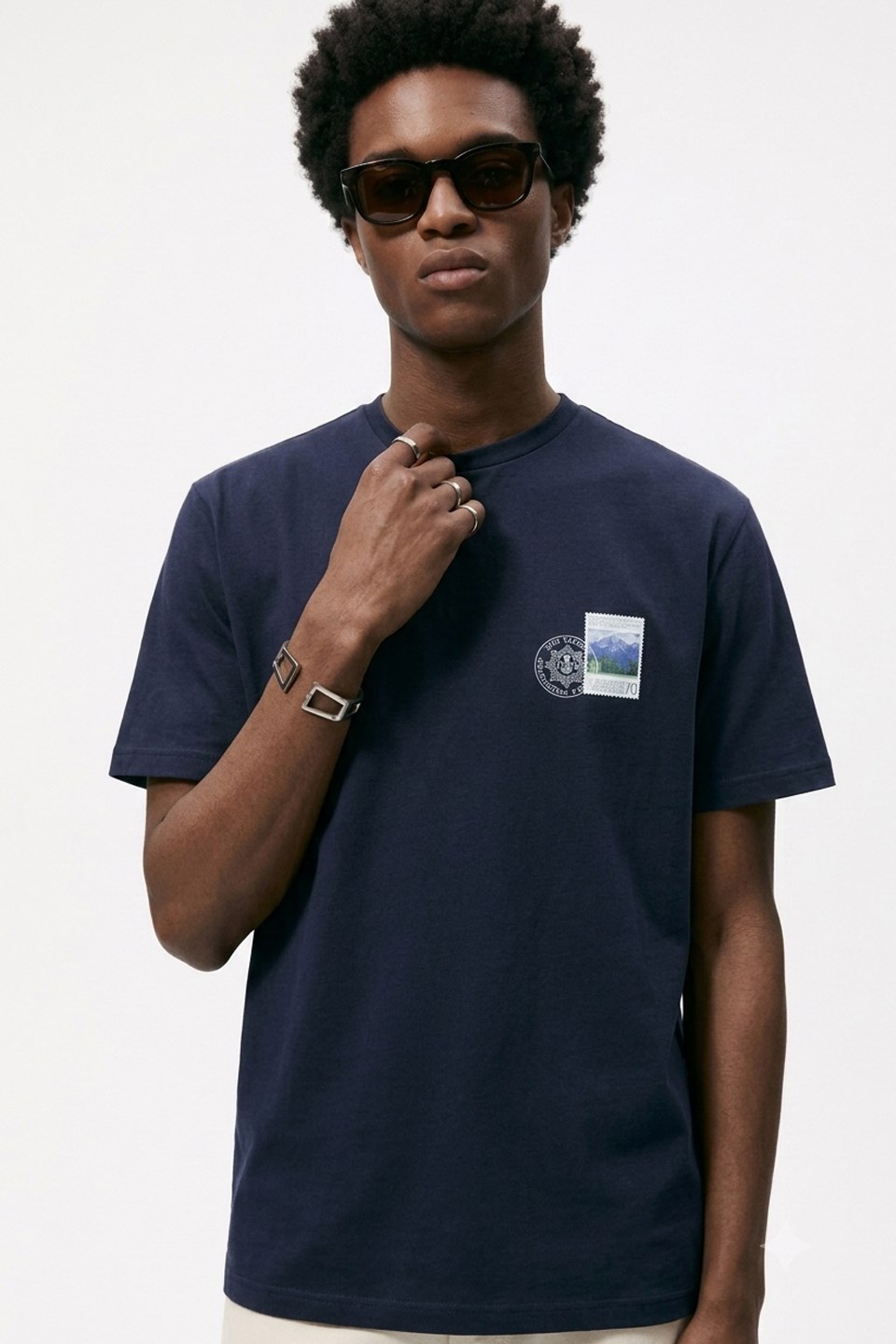 Erkek Posta Pul Baskılı Oversize T-Shirt - Lacivert