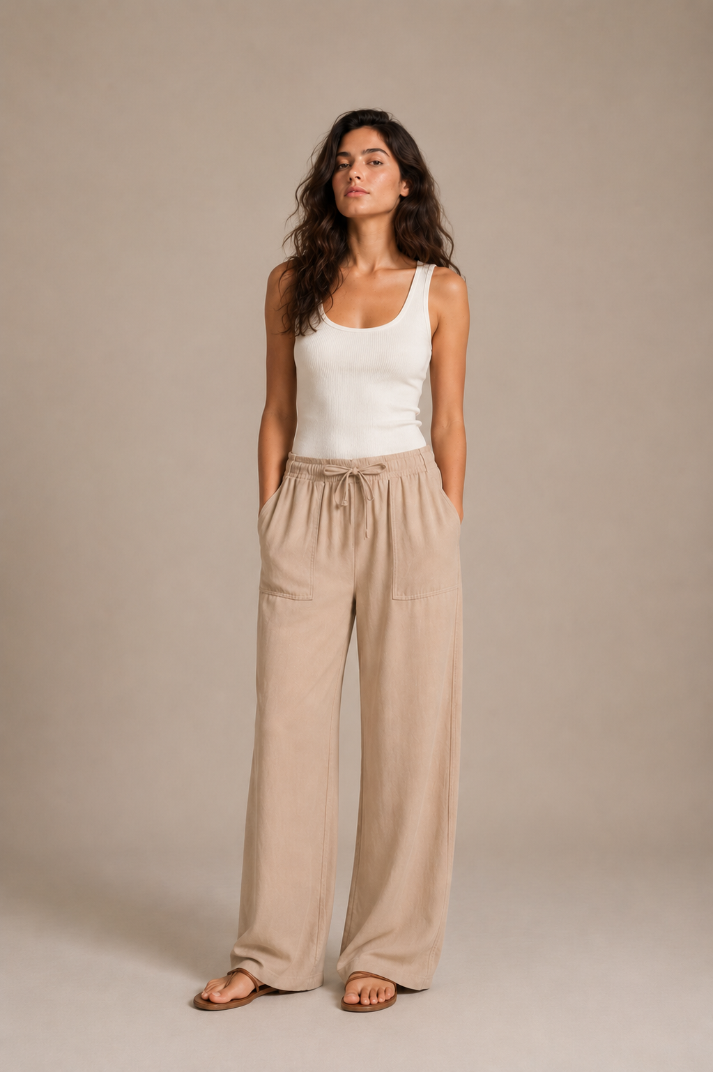 Kadın Beli Lastikli Kare Cep Bol Pantolon - Vizon