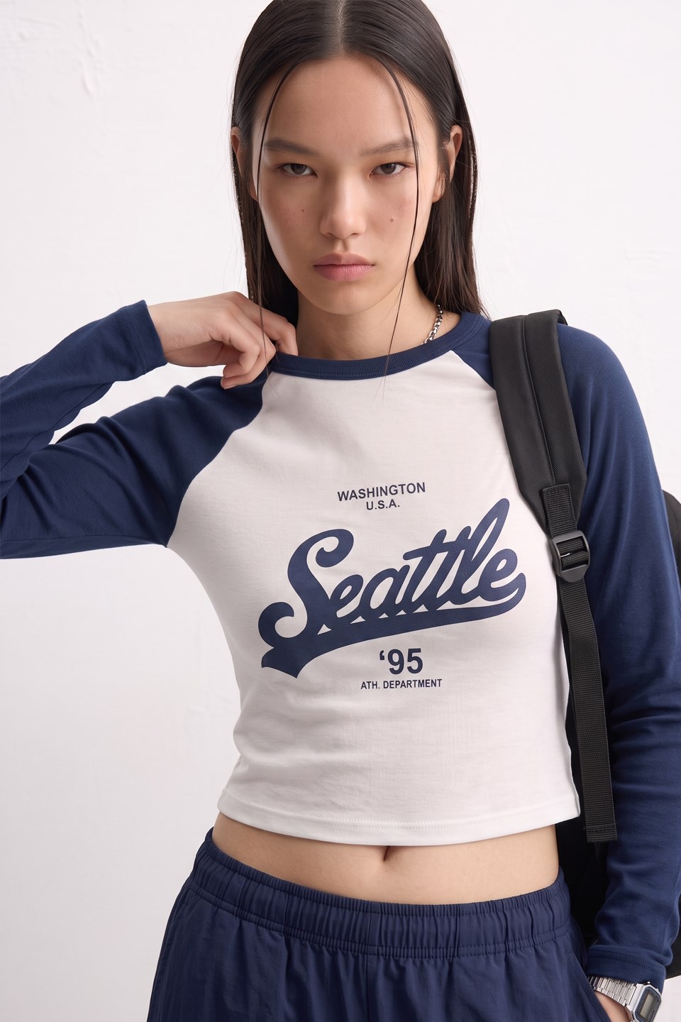 Kadın Seattle Baskılı Uzun Kol Body - Ekru/Lacivert