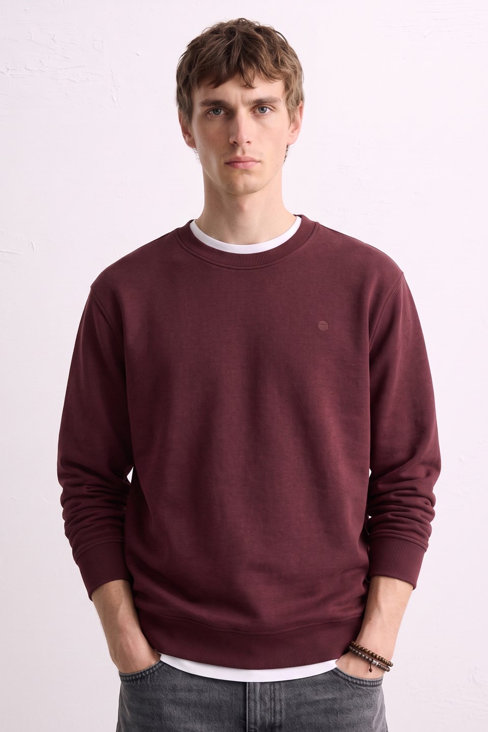 Erkek Göğüs Baskı Detaylı Uzun Kollu Sweatshirt - Bordo