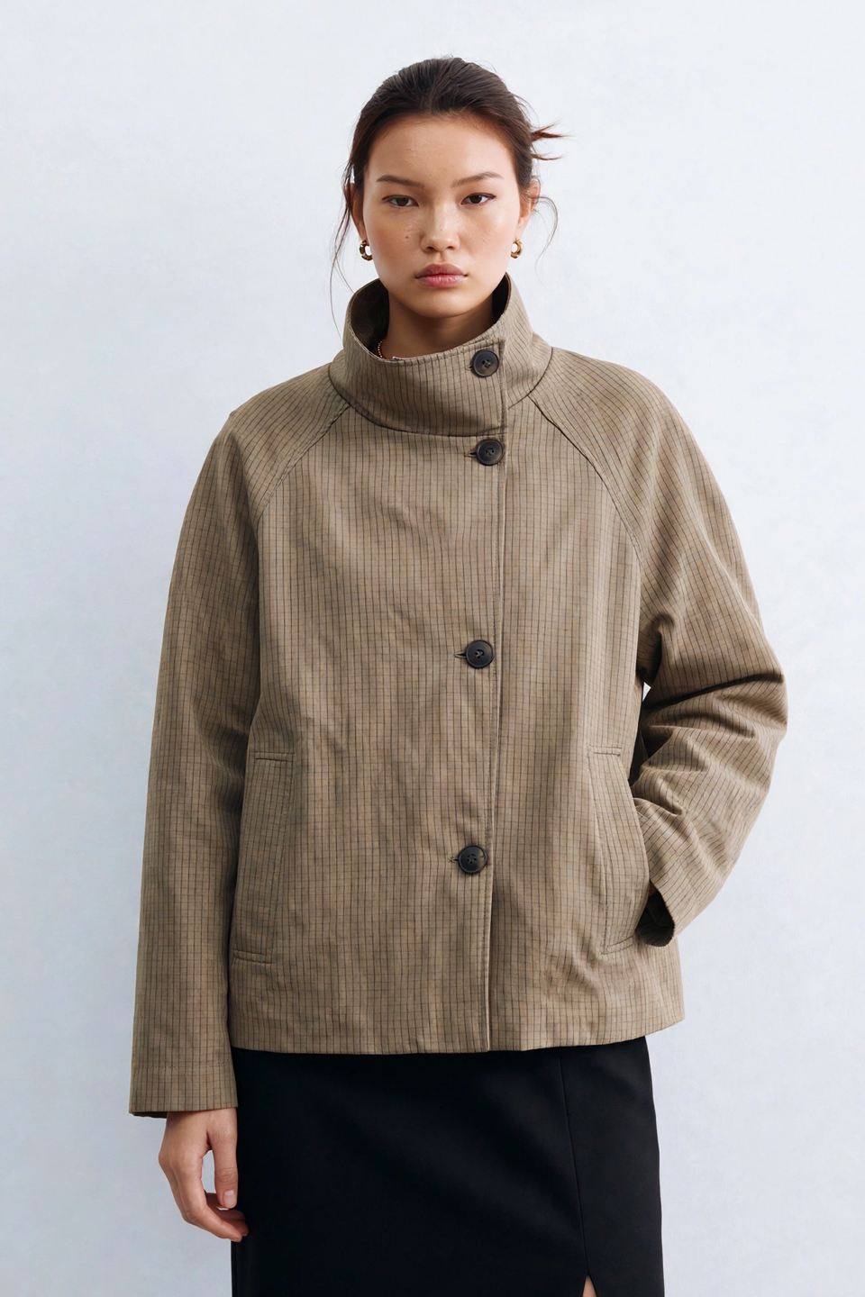 Kadın Dik Yaka Kareli Oversize Ceket - Vizon