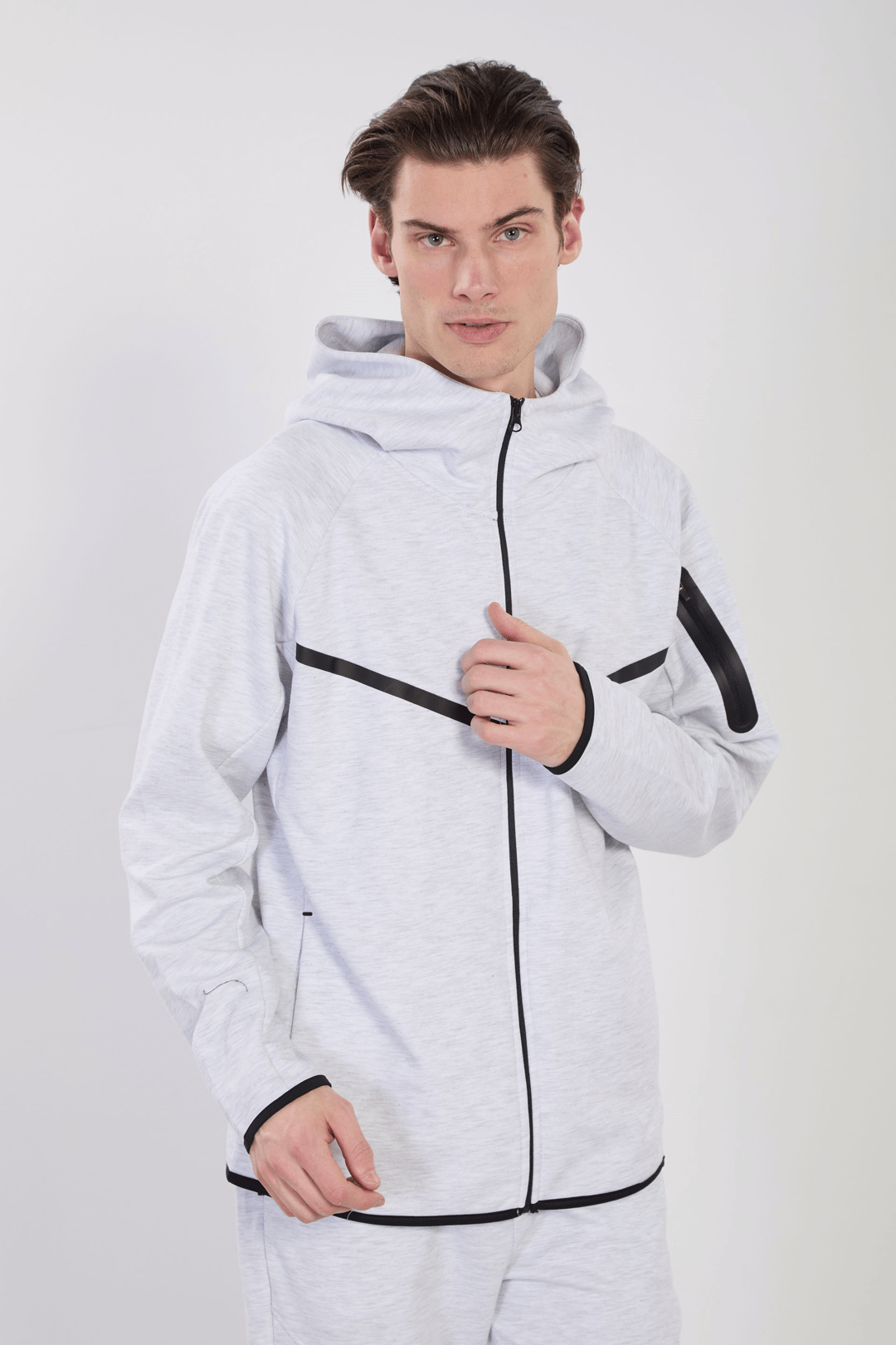 Erkek Dik Yaka Kapüşonlu Fermuarlı Sweatshirt-  Kar Melanj
