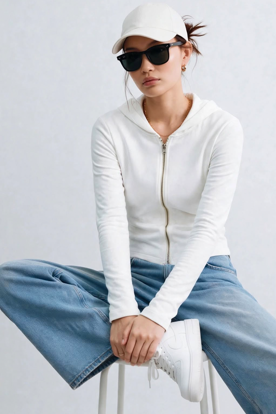 Kadın Parmak Geçmeli Fermuarlı Sweatshirt - Ekru