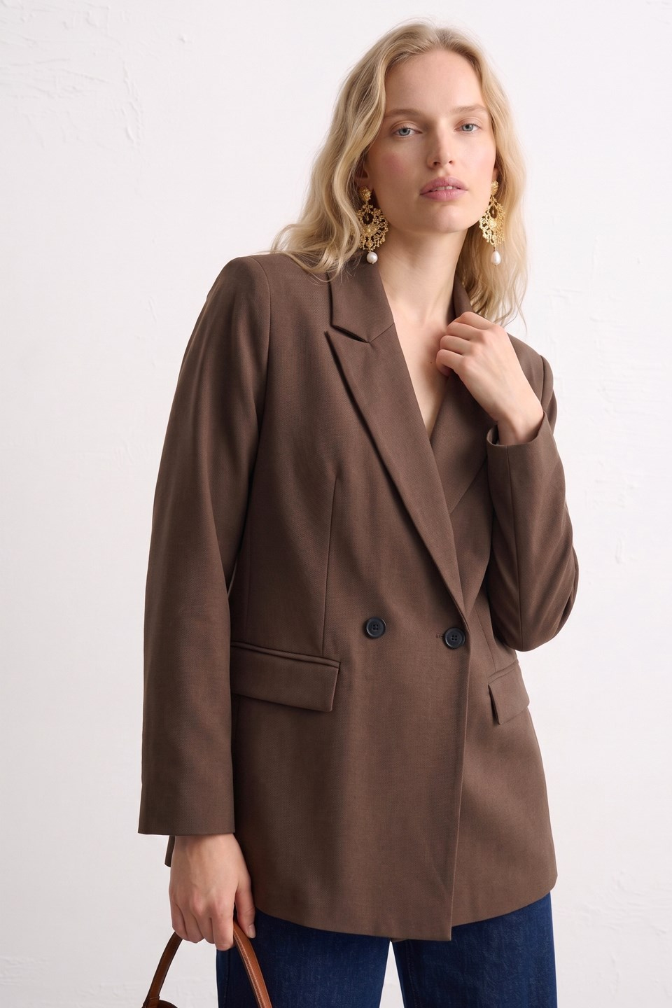 Kadın Çift Düğmeli Blazer Ceket - Acı Kahve