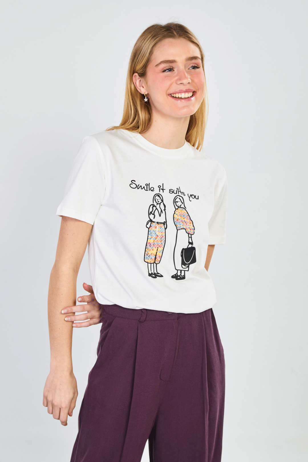 Kadın Yaka Kontrastlı Baskılı T-Shirt - Ekru