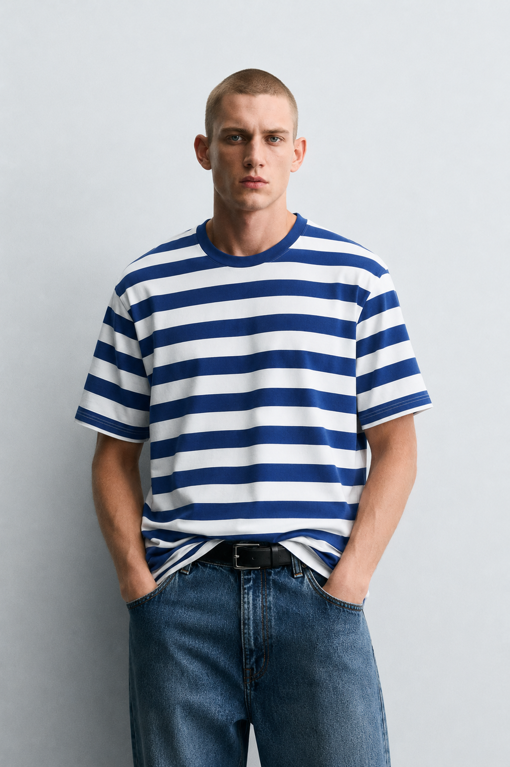 Erkek Kalın Çizgili Oversize T-Shirt - Mavi