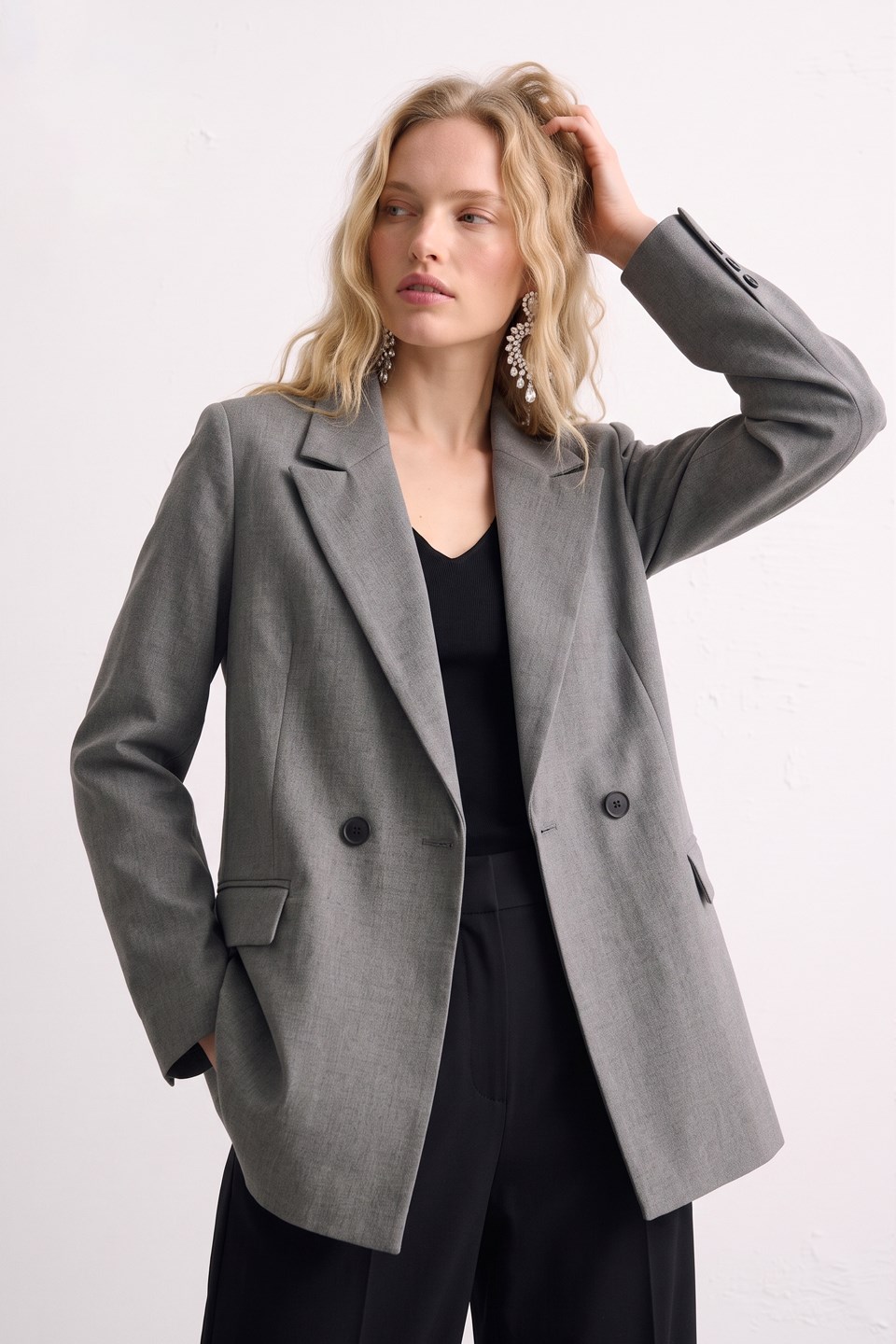Kadın Çift Düğmeli Blazer Ceket - Okul Gri