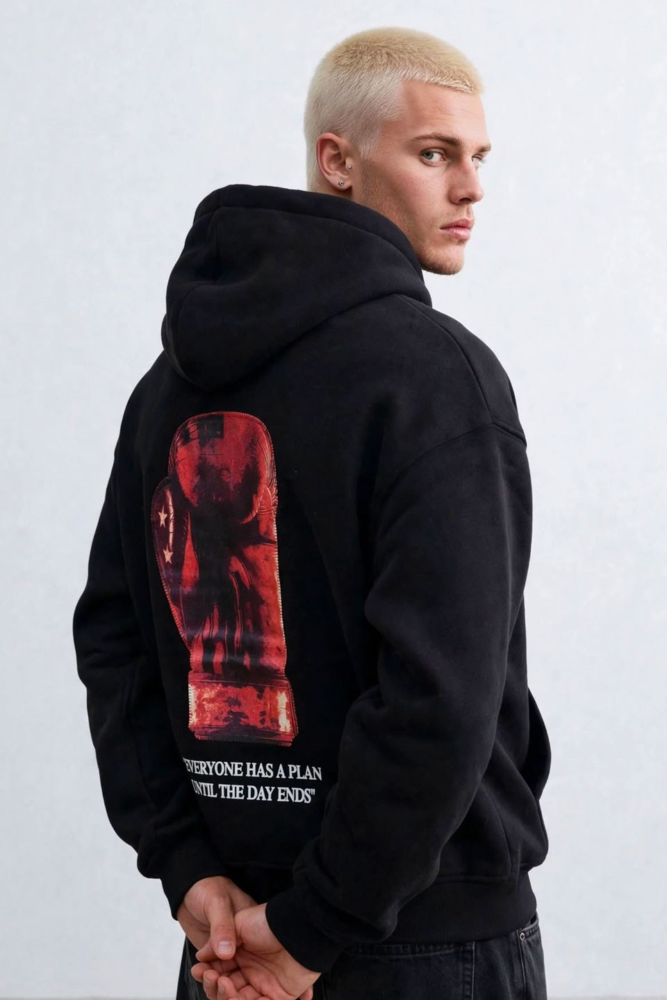 Erkek Arka Kadife Baskı Kapüşonlu Sweatshirt - Siyah
