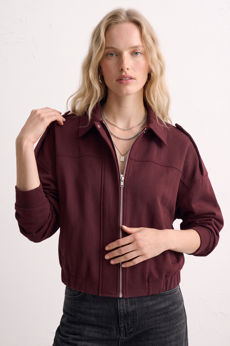 Kadın Omzu Apolet Detaylı Oversize Ceket - Mürdüm