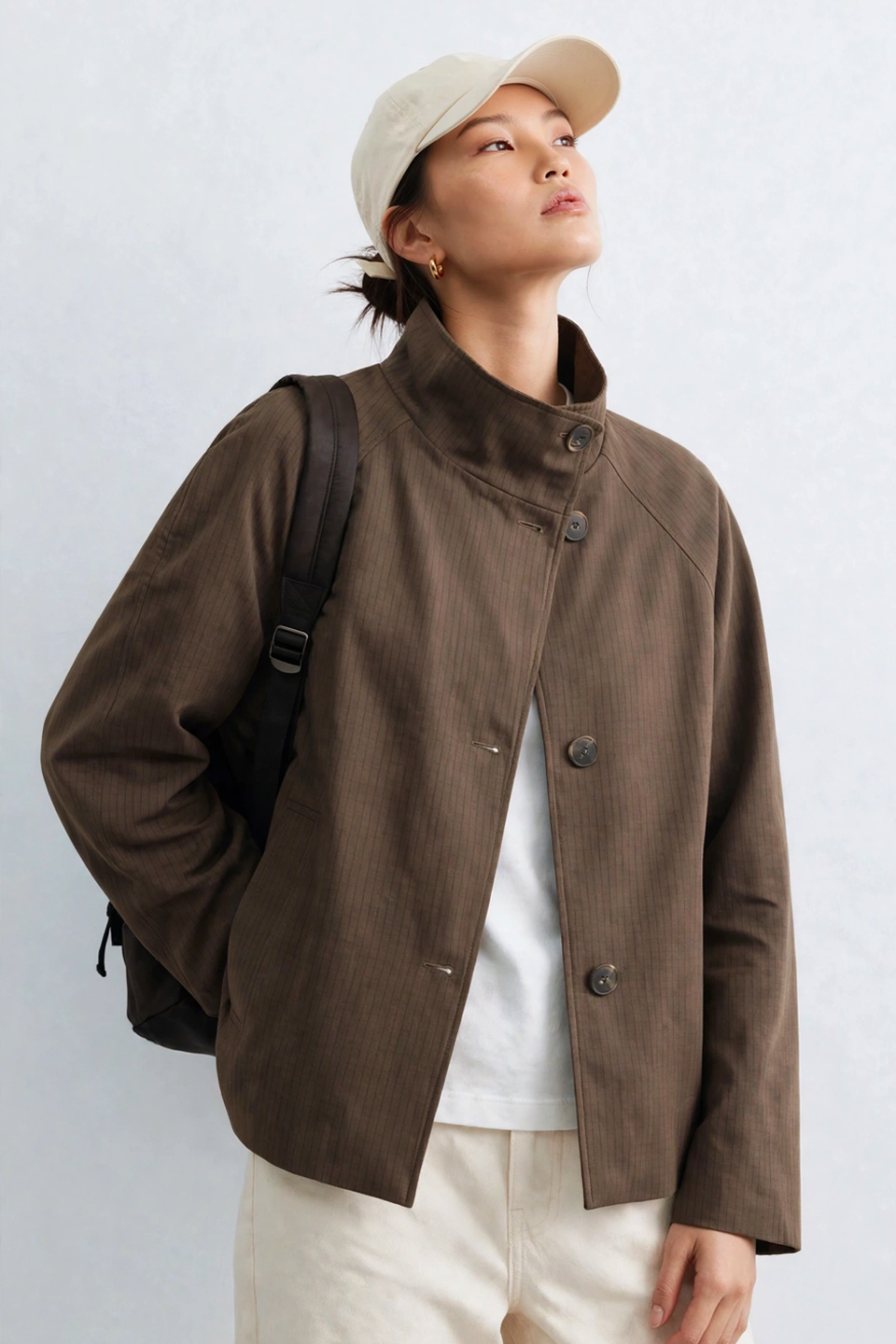 Kadın Dik Yaka Kareli Oversize Ceket - Kahve