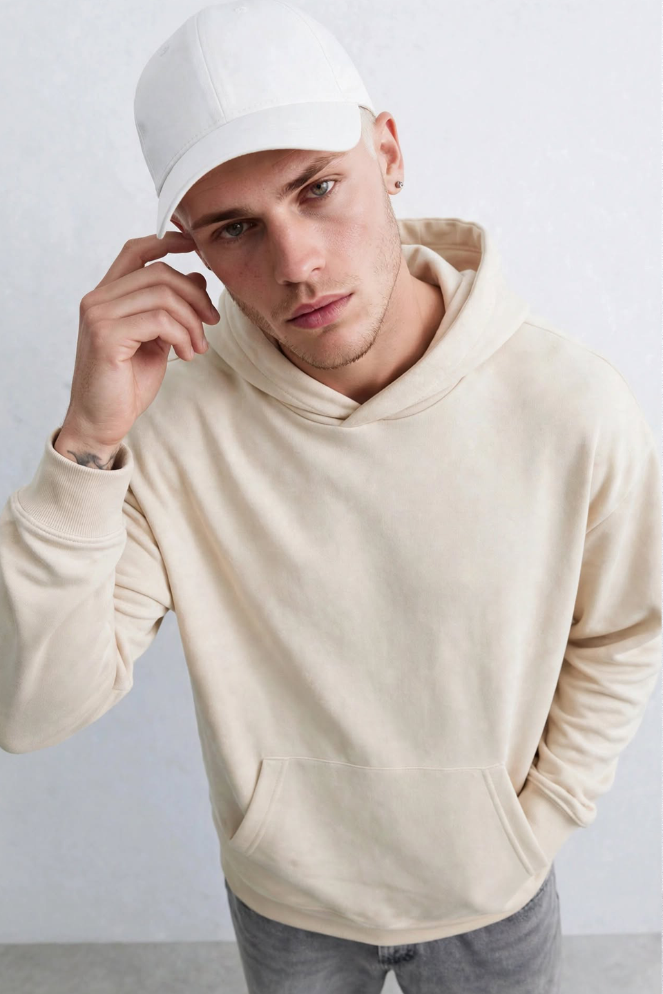 Erkek Kapüşonlu Kanguru Cepli Sweatshirt - Bej