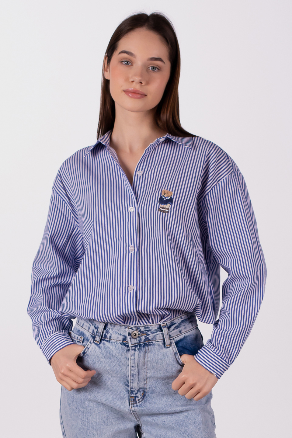 Ayıcık nakışlı çizgili oversize gömlek-6822 Mavi/Beyaz
