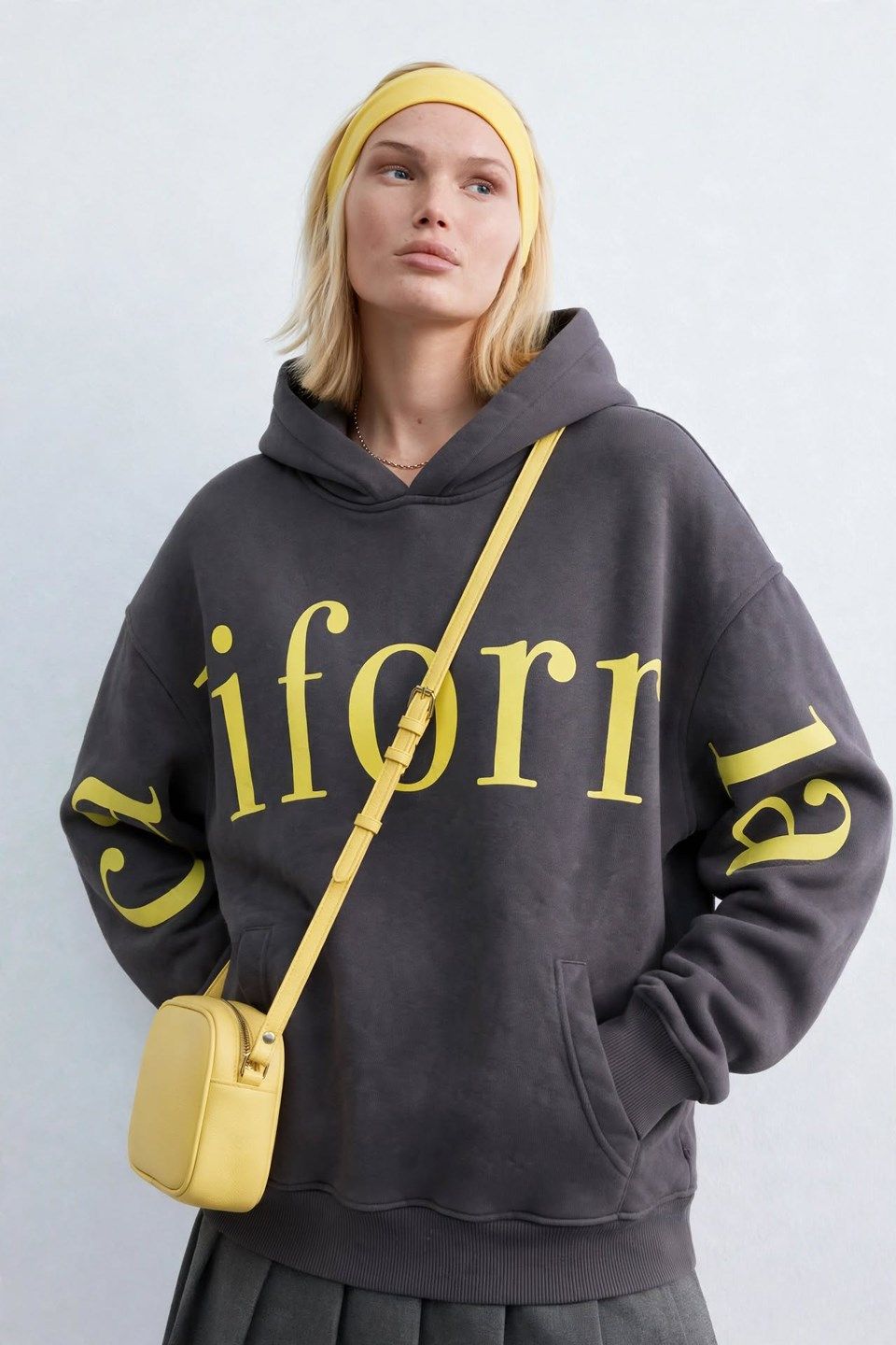 Kadın Kol Baskılı Kapüşonlu Sweatshirt - Antrasit