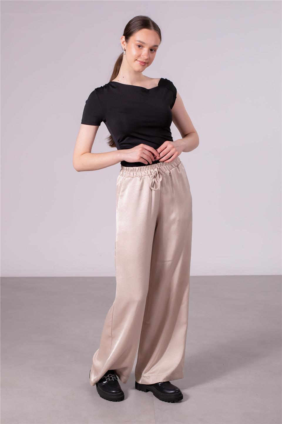 Beli bağlamalı dokulu saten pantolon-2495 Taş