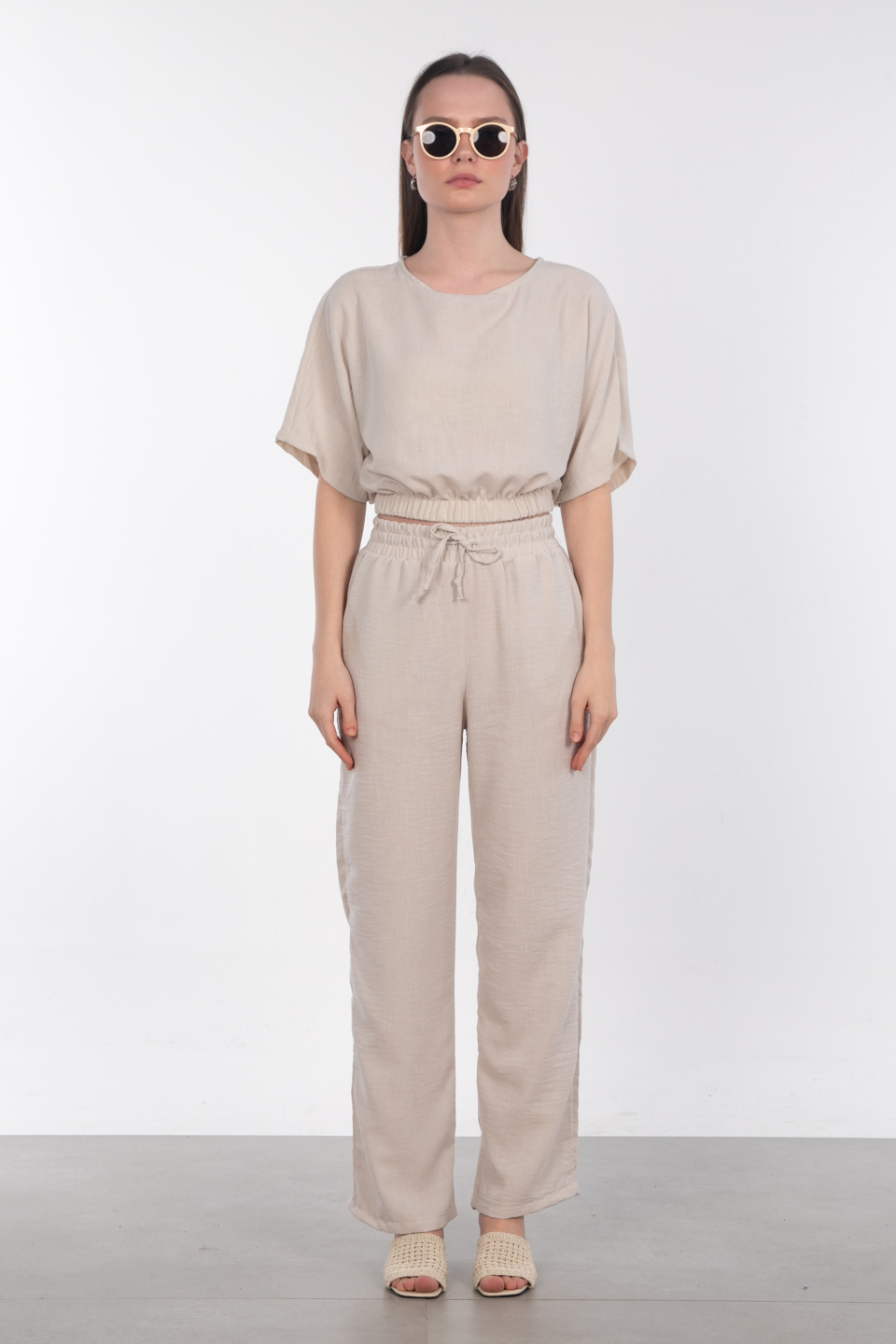 Beli lastikli bol paça pantolon-6978 Taş